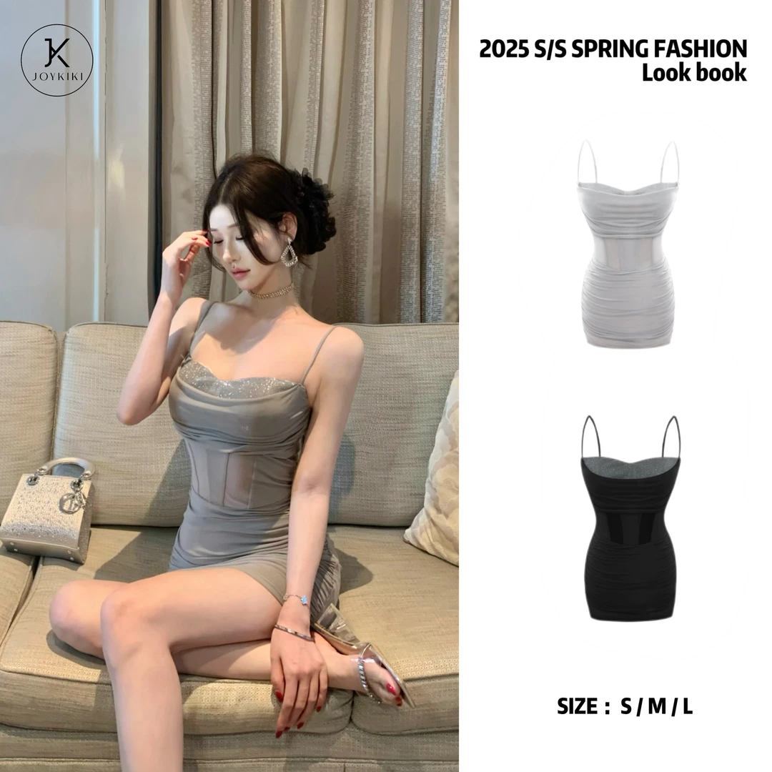 JOY KIKI金金【古早月光】春季纯欲网纱气质包臀吊带连衣裙J25A257