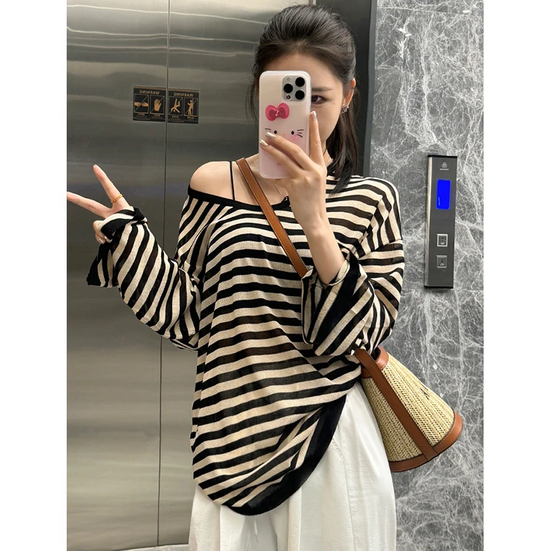 撞色条纹微透冰丝针织长袖宽松上衣女夏季慵懒风薄款早秋时尚罩衫