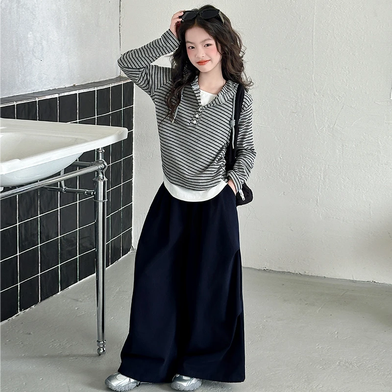 女童秋季连帽条纹卫衣套装2025新款韩版洋气中大童时髦潮酷休闲裤