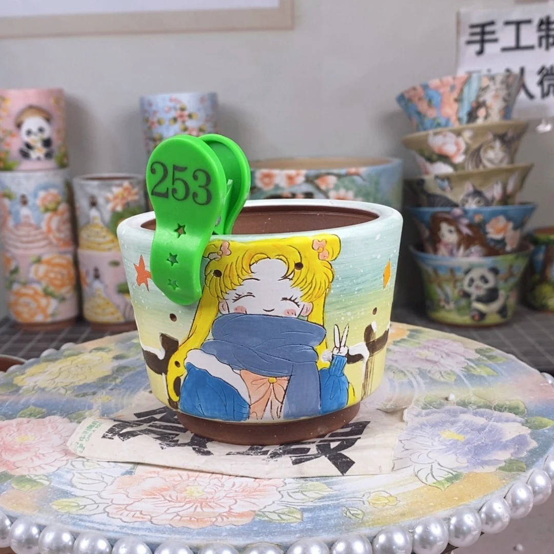 紫砂花盆红陶手绘花盆