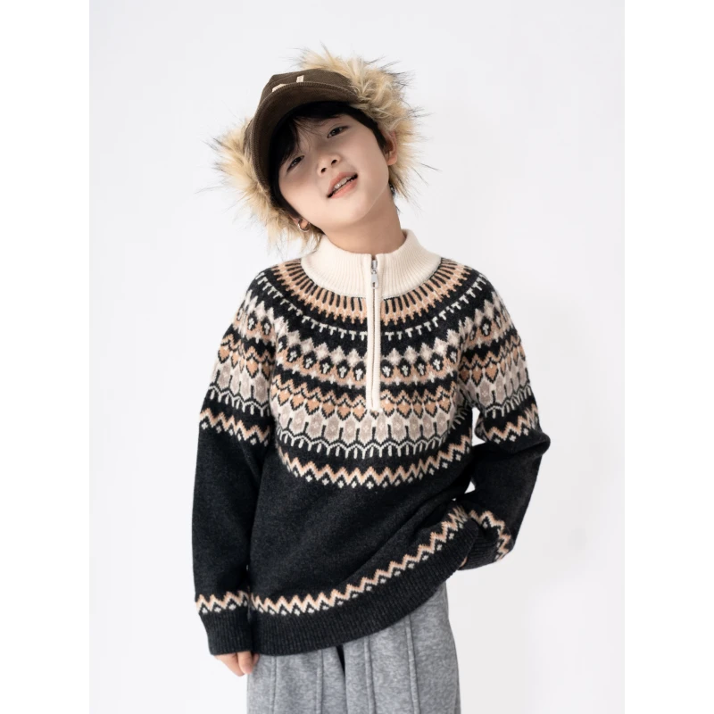 ASKR'守望’【100%羊毛】复古风男童费尔岛毛衣儿童半拉链羊毛衫