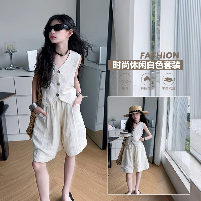 儿童无袖衬衫套装新女童上衣短裤两件韩版老钱风两件套