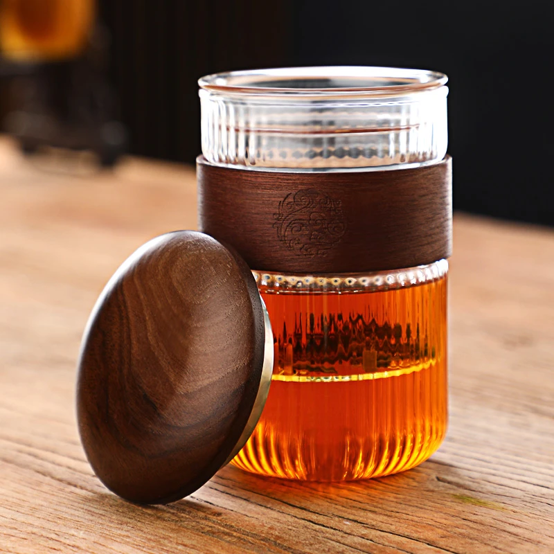 耐热玻璃泡茶杯办公室中式水杯加厚茶水分离茶具透明玻璃实木配件