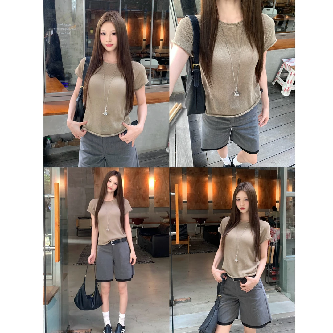 卷边圆领正肩短款T恤+高级感宽松休闲西装短裤#8003+9248