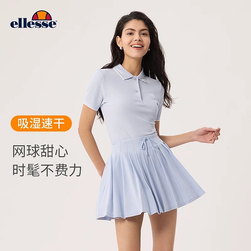 Ellesse网球运动纯色百褶A字半裙2025夏季新款女士翻领上衣羽毛球