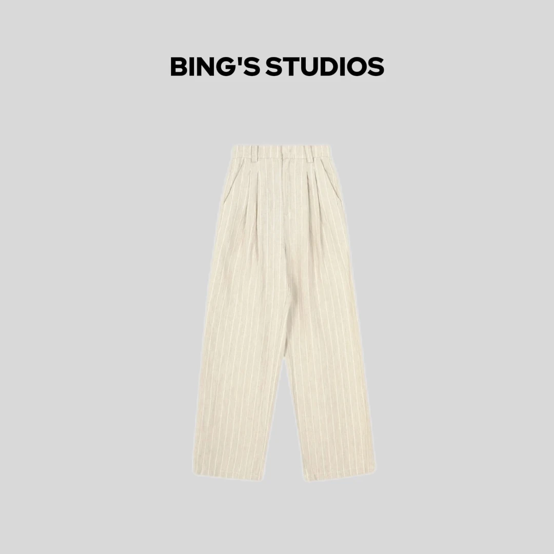 极简时尚百搭进口雨露麻色织条纹亚麻直筒裤5104