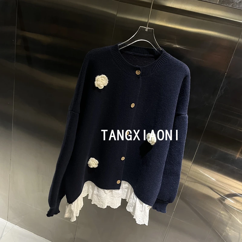 加大版 手工藏青小花 拼接蕾丝开衫潮牌女装