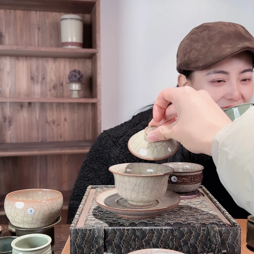 瓷摆件传世哥窑三才盖碗带证书