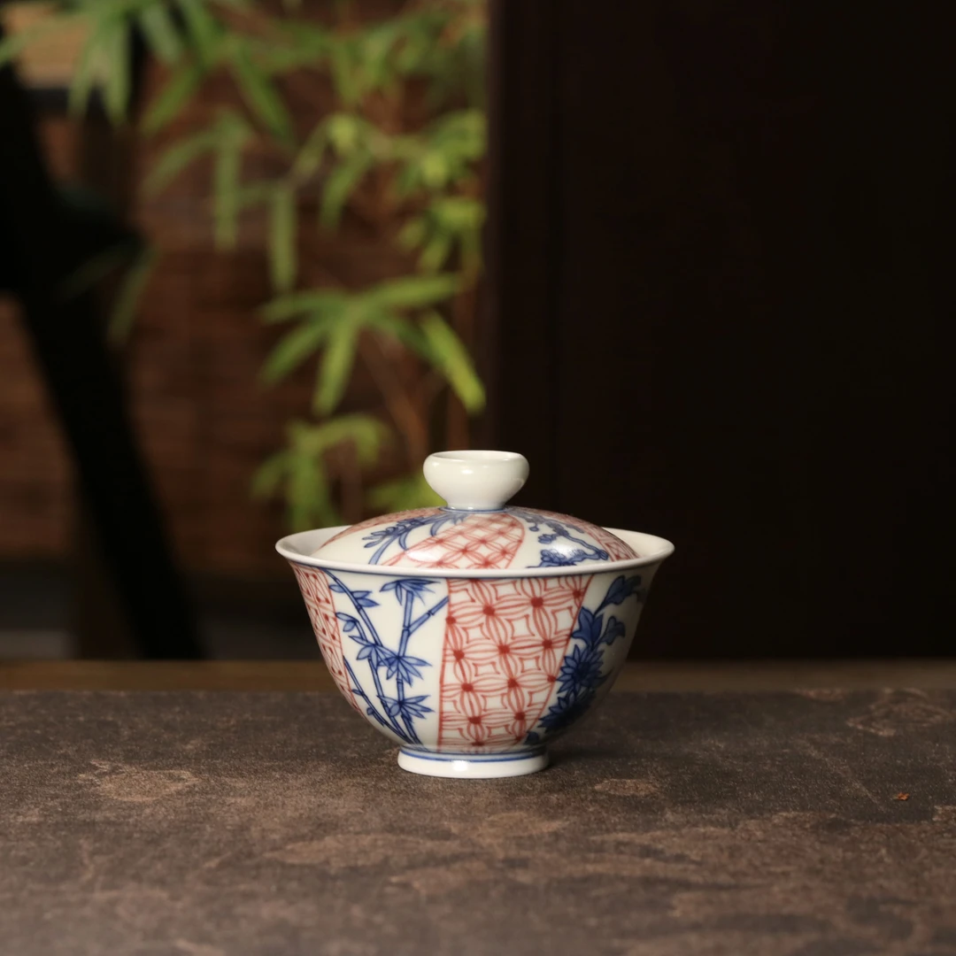 雨溪山房 景德镇手绘青花釉里红铜钱纹梅兰竹菊盖碗 130cc