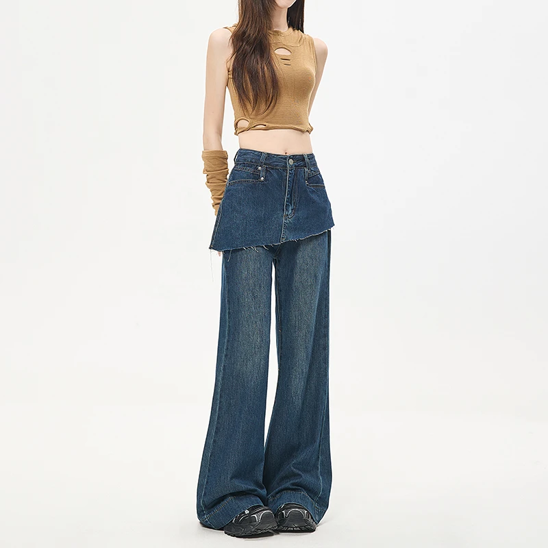 2025秋装设计感假两件裙裤女早春款斜边裁剪喇叭牛仔裤高腰显瘦拖