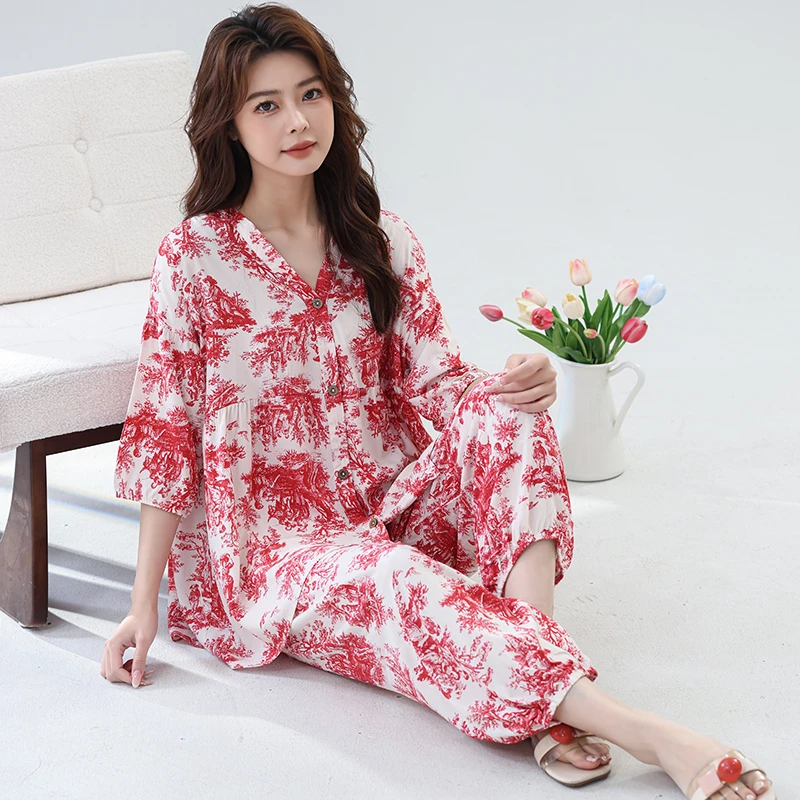 夏季超凉快的绵绸套装大码宽松七分袖灯笼裤两件套可居家可外穿