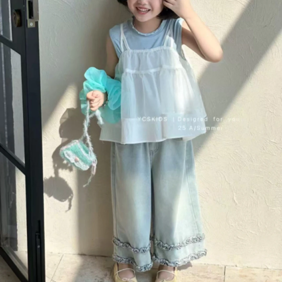 【丫丫童装】2025春季新款女童大童木耳花边直筒牛仔裤-K388