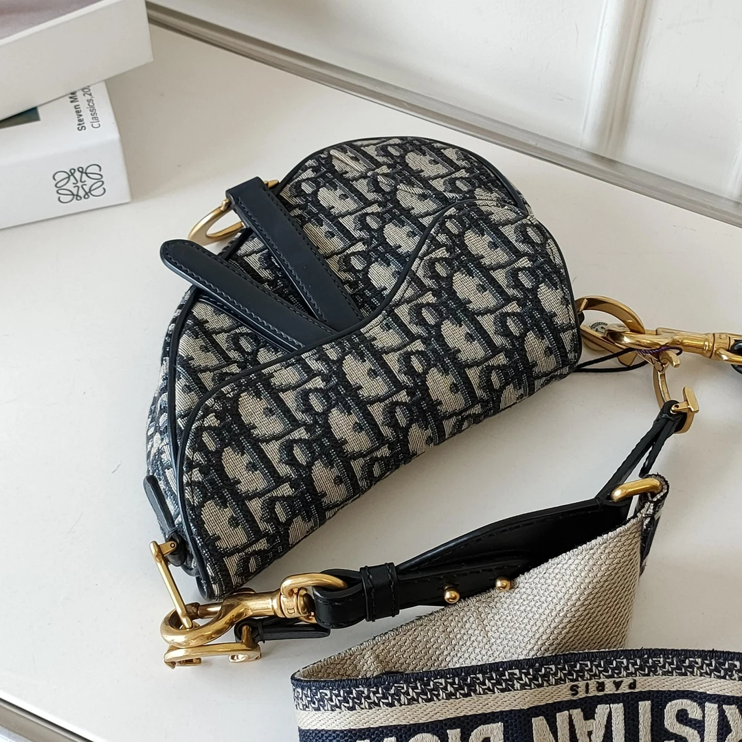95新 DIOR/迪奥 Azul-蓝色布面老花马鞍小号手提包/49815