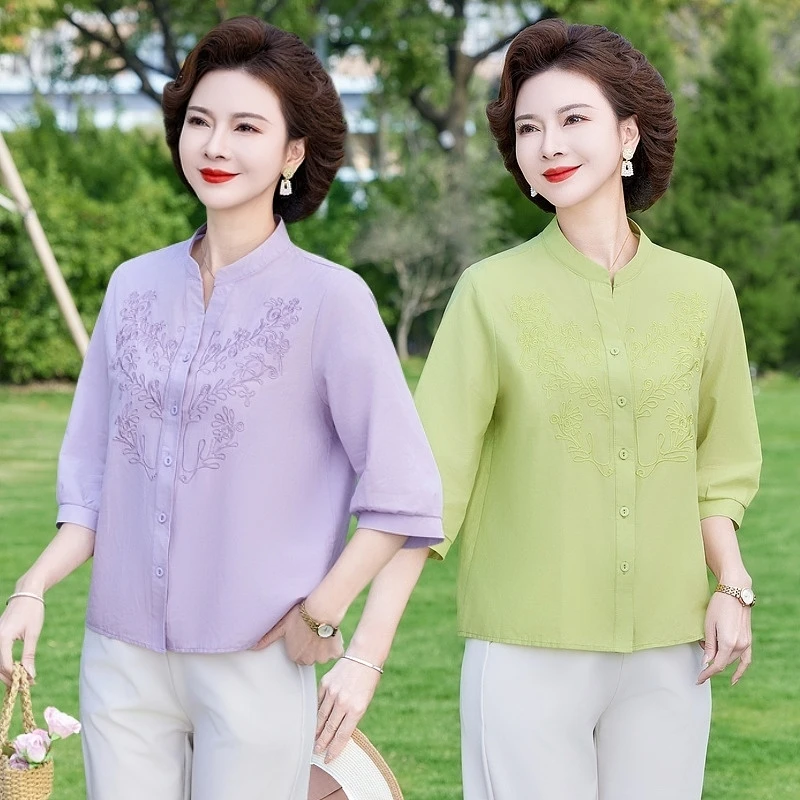 中老年女装妈妈洋气衬衫女2025夏季新款薄款遮肚刺绣衬衣大码上衣