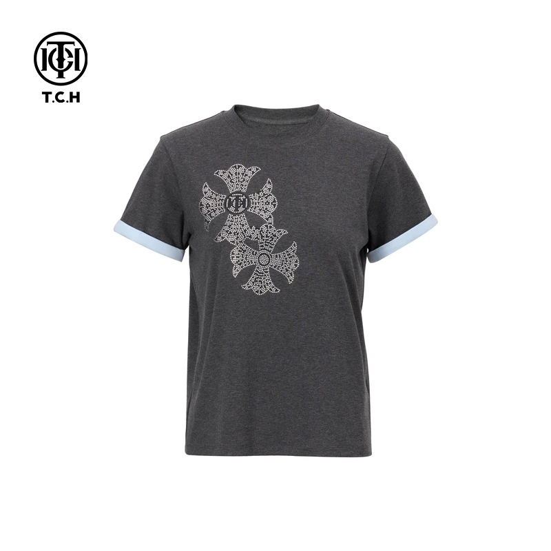 TCH服饰店-复古重工正肩圆领短袖T恤烫钻休闲百搭上衣T75B108020