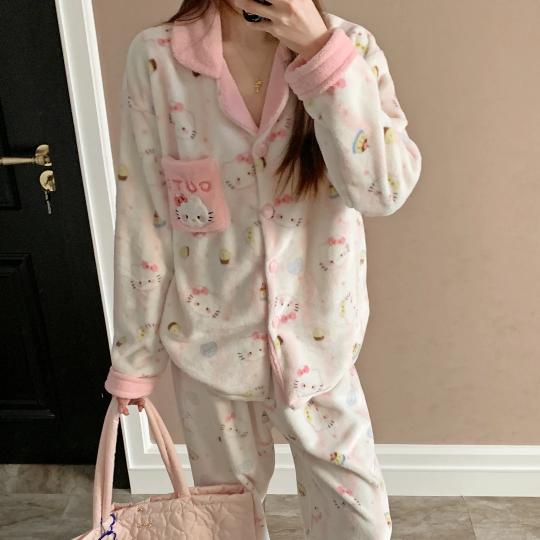 睡衣女秋冬季珊瑚绒大码加厚可外穿法兰绒蛋糕kt猫套装冬天家居服