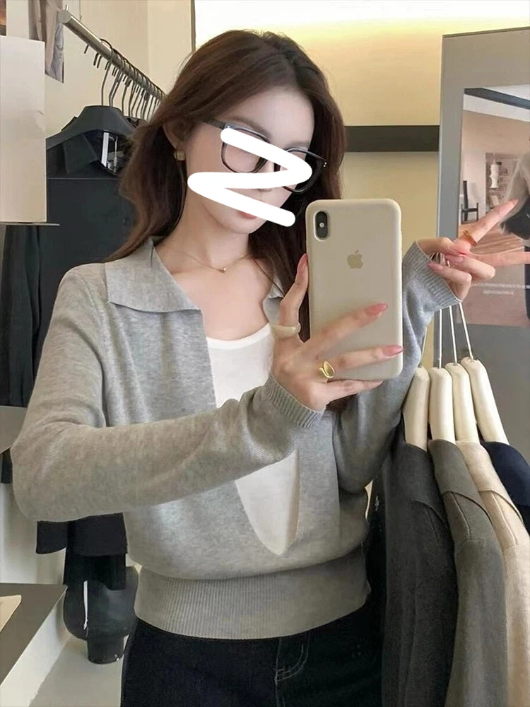 简约高级感假两件翻领设计感针织衫女新款秋修身显瘦百搭气质上衣