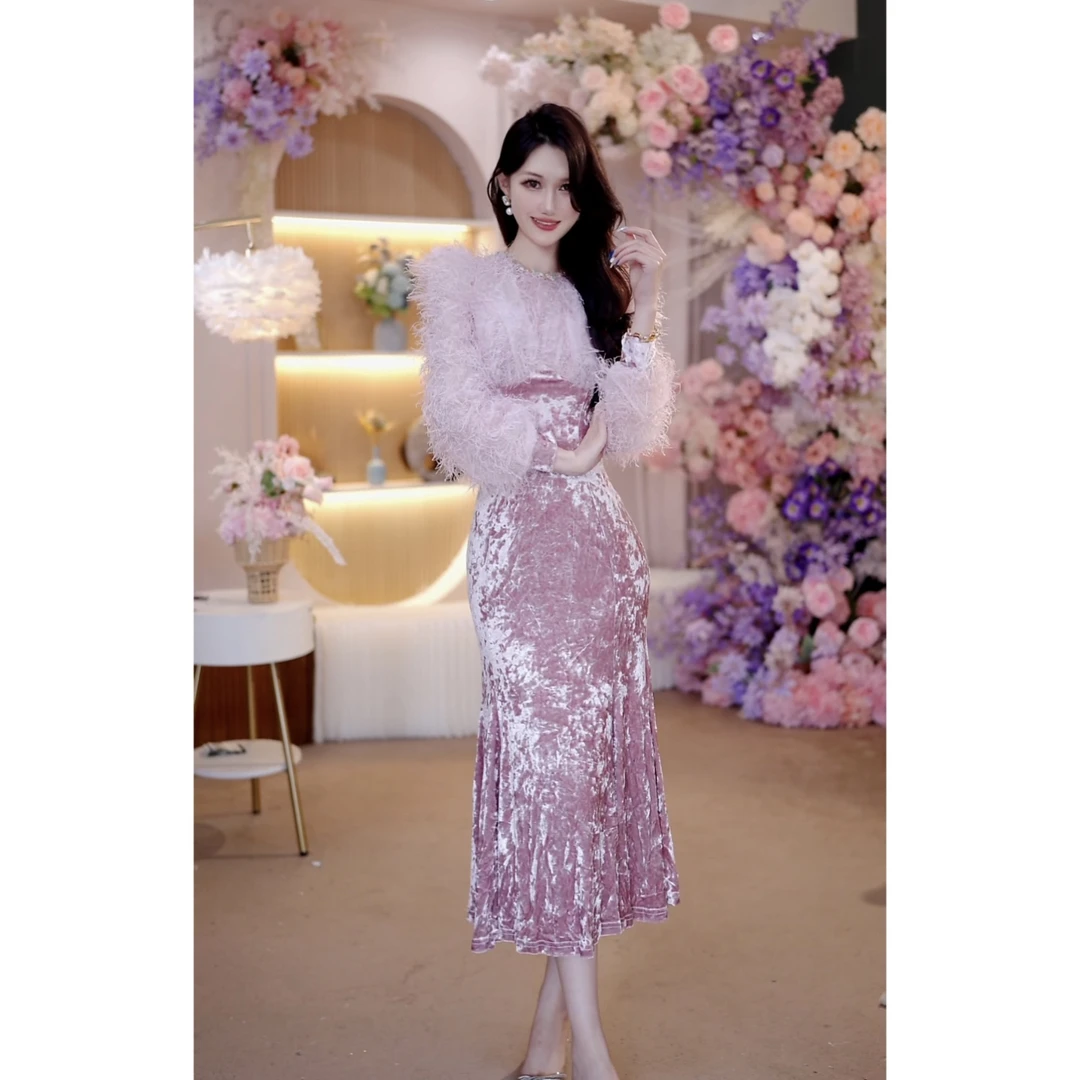 秋冬新款气质金丝绒鱼尾包臀打底裙时尚洋气轻奢高级感连衣裙1745