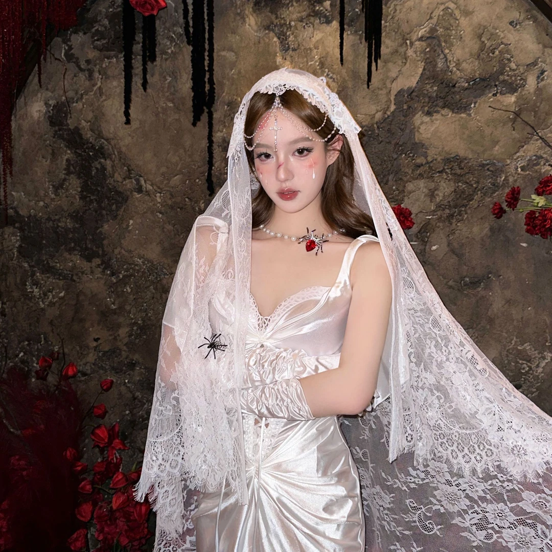 原创设计! 古堡新娘 万圣节白色十字架珍珠网纱头纱cos鬼装扮发饰