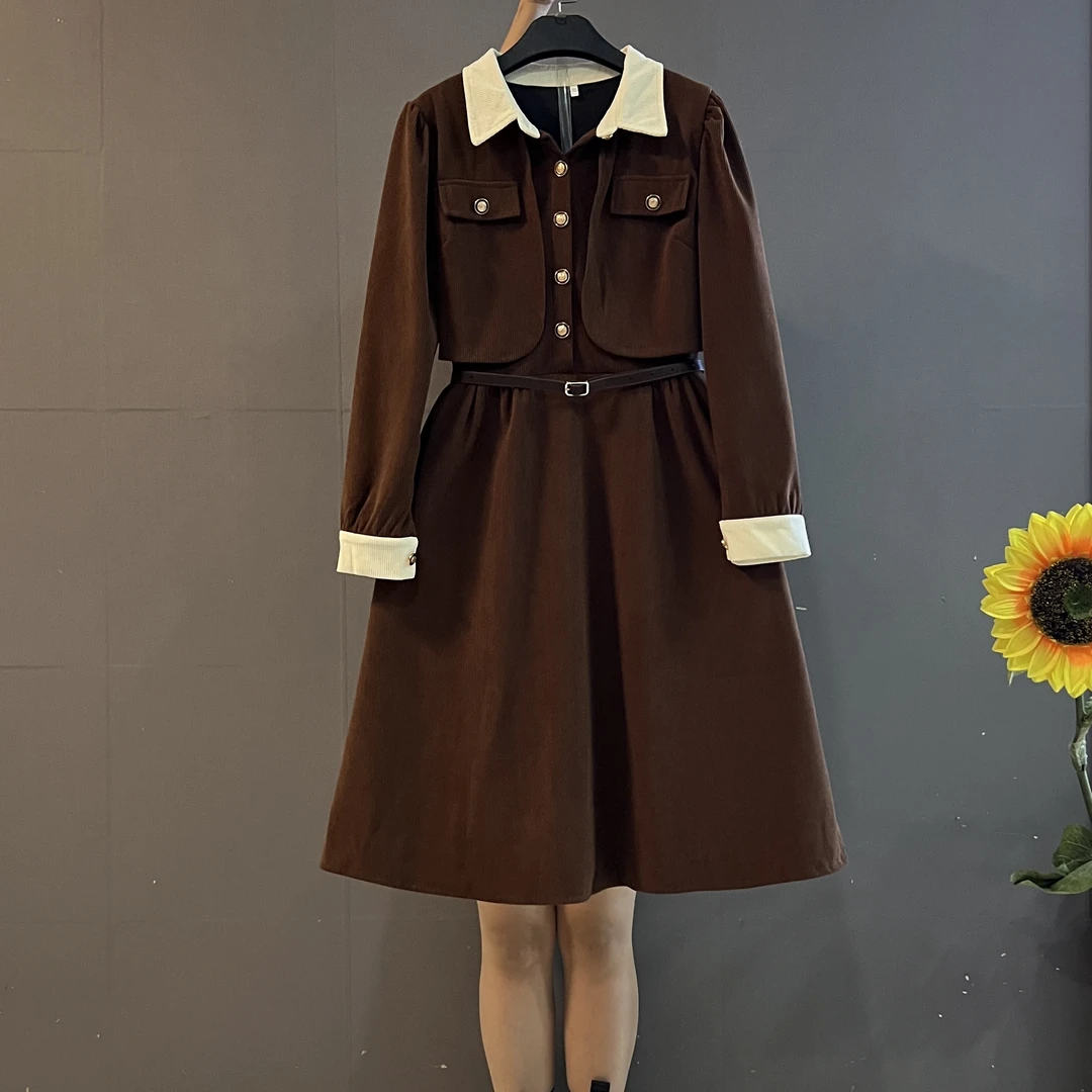 秋季新款时尚洋气气质拼接假两件收腰显瘦法式连衣裙