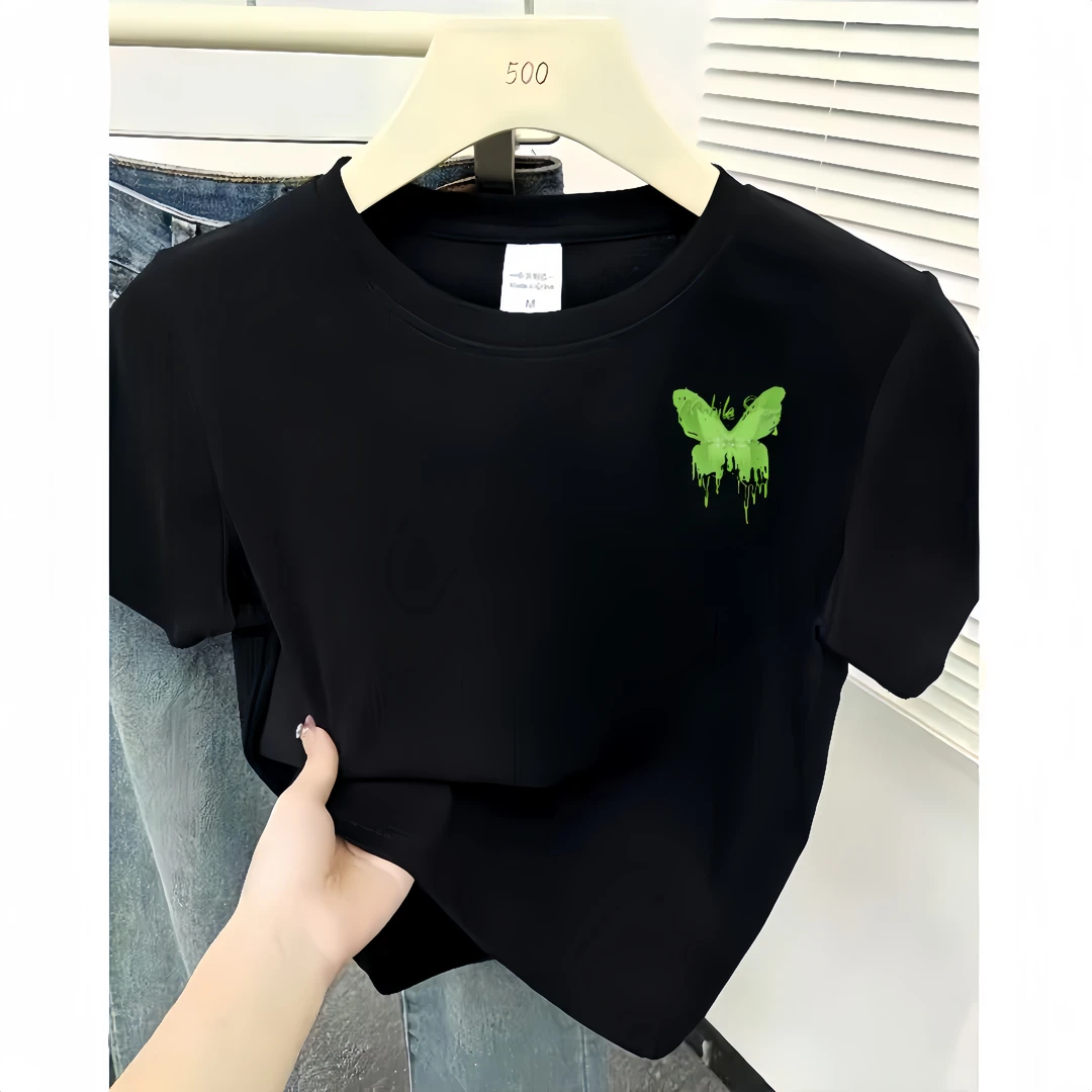 正肩短袖t恤女春夏2025新款韩系ins减龄小众印花内搭打底上衣