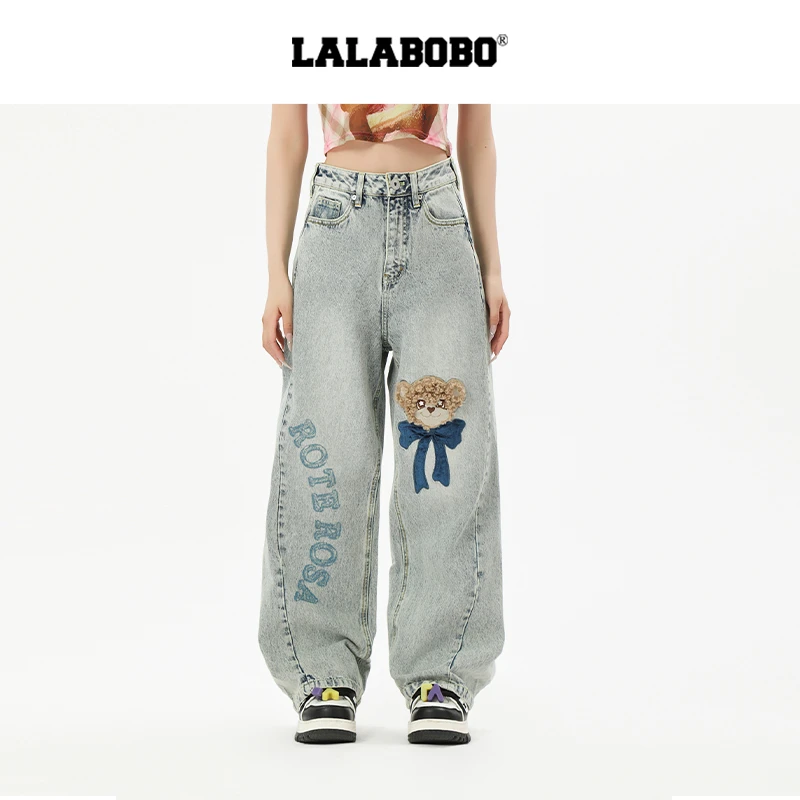 LALABOBO2025蛇年新款宽松显瘦水系小熊牛仔裤RBEA-ZC15
