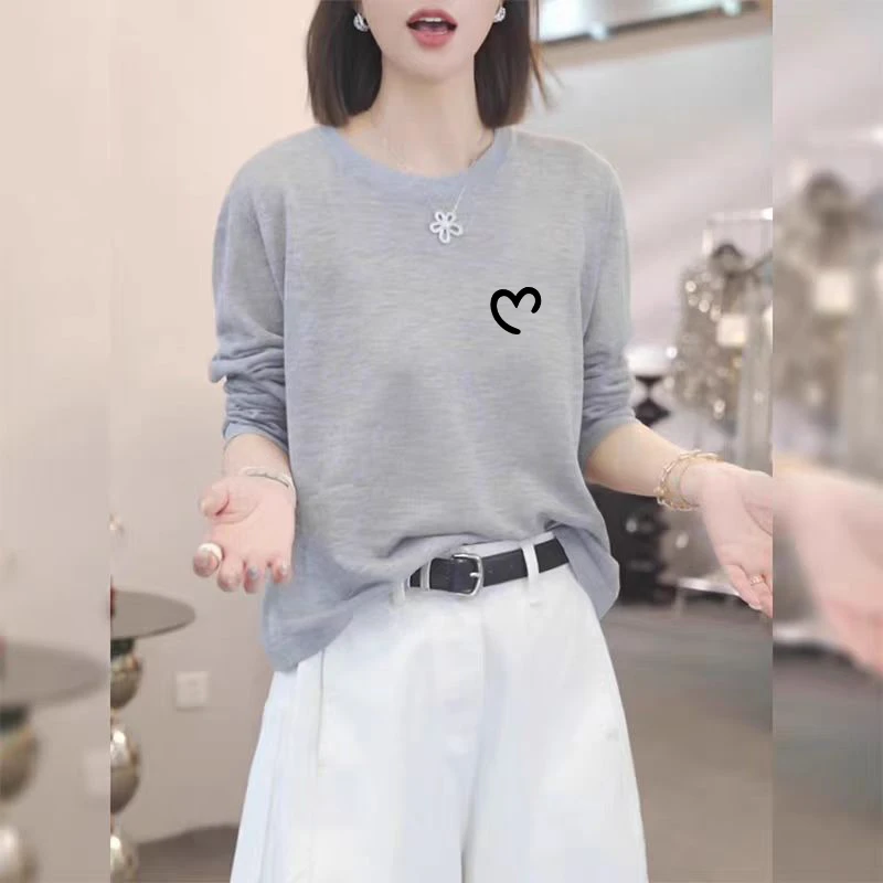 夏季韩版简约宽松显瘦印花长袖T恤女设计感小众雪花棉圆领上衣ins