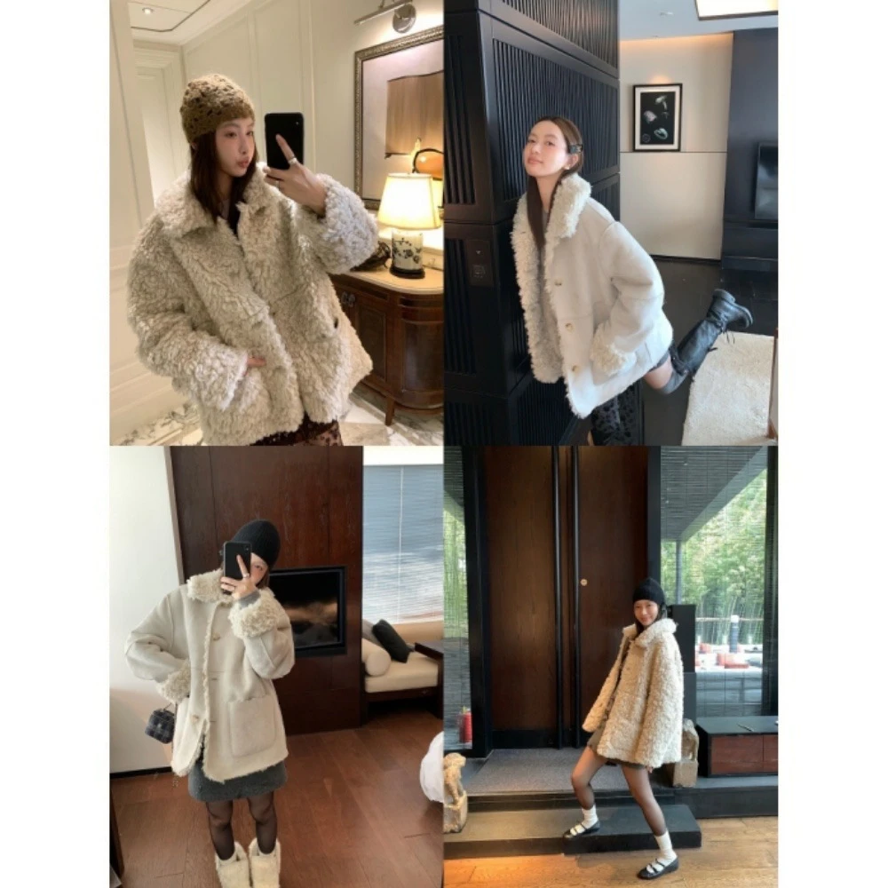 可爱卷卷毛 环保皮毛一体外套女两面穿宽松廓形翻领短款毛毛上衣