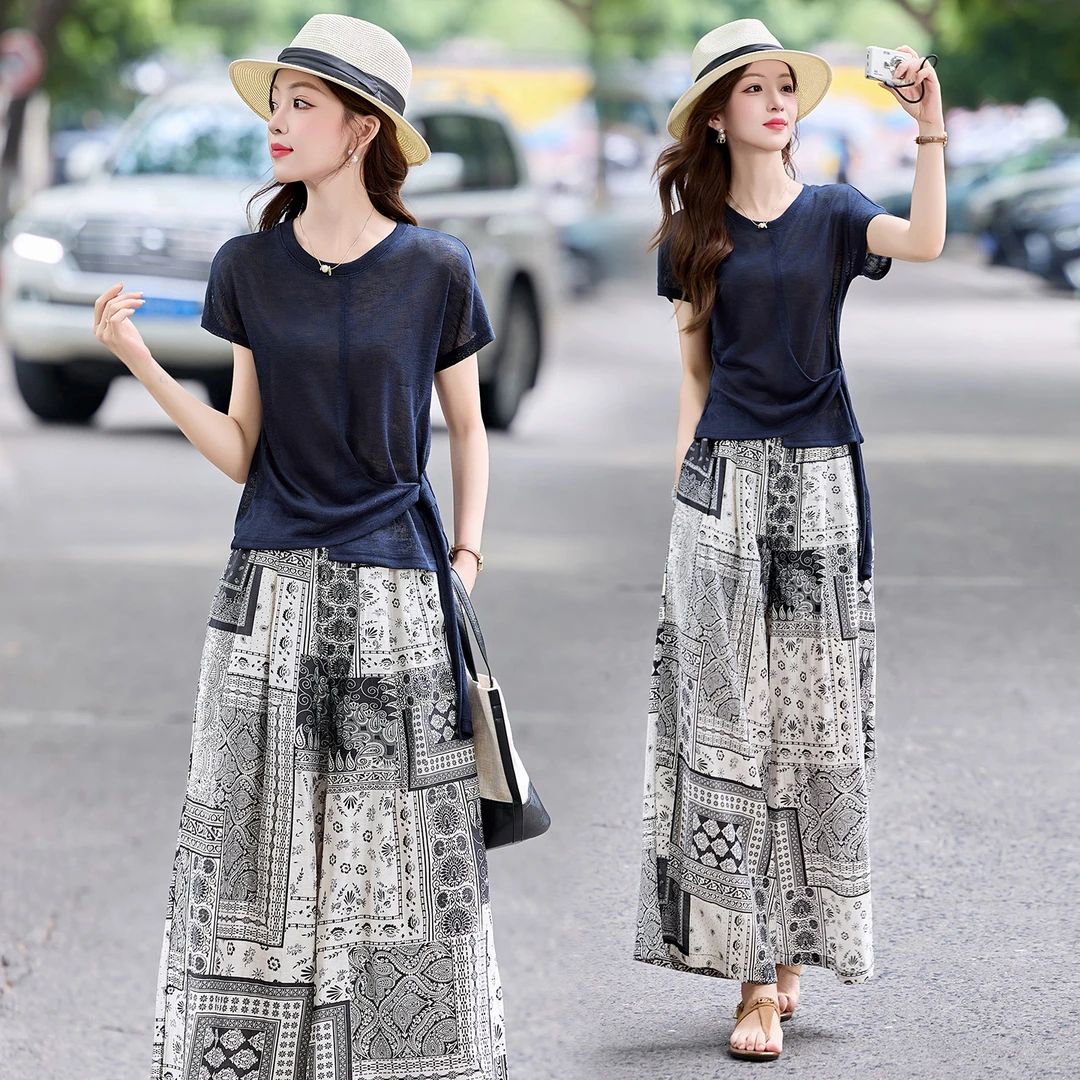 短袖套装女2025年夏新款高级感时尚气质休闲别致印花阔腿裤两件套