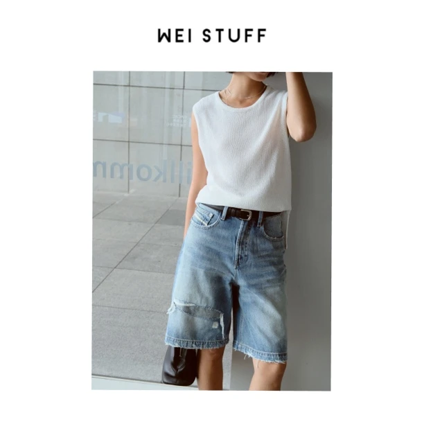 WEI STUFF  “极简主义”  时尚高腰复古破洞直筒牛仔短裤 9313