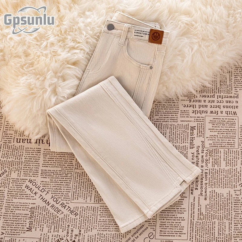 gpsunlu米白色烟管牛仔裤女秋季薄款高腰显瘦小白白色显高阔腿