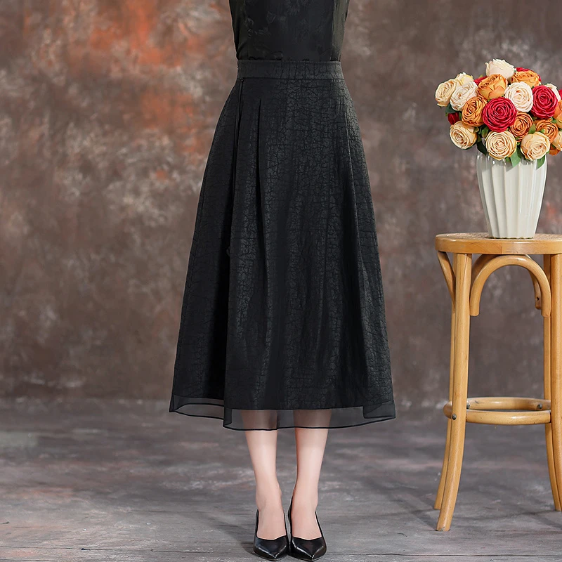 40姆米龟纹香云纱半身裙女2025夏季新款高腰拼接欧根纱真丝A字裙