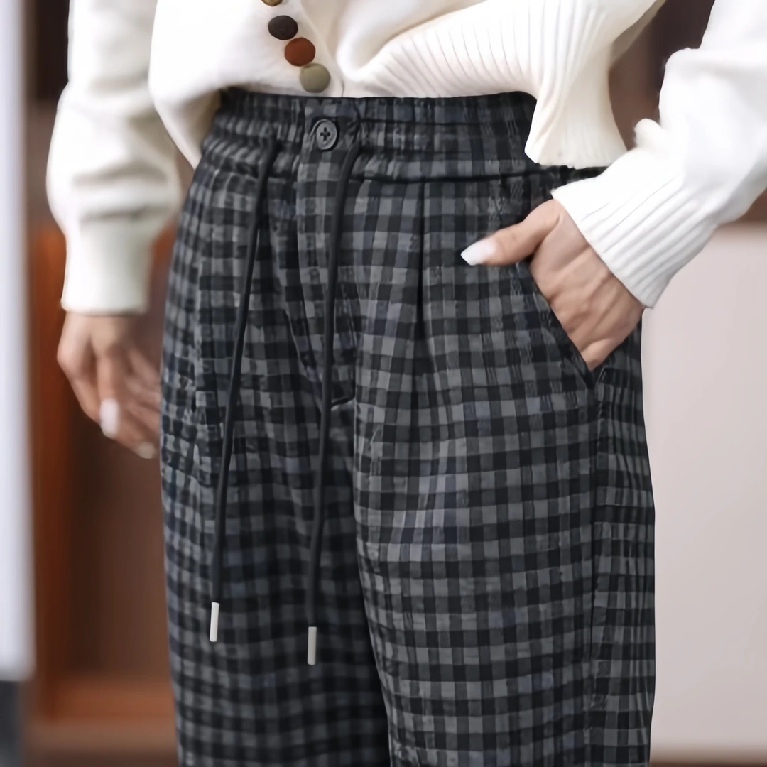 加绒保暖格纹阔腿裤秋冬新款休闲百搭格子裤高腰宽松显瘦直筒裤子