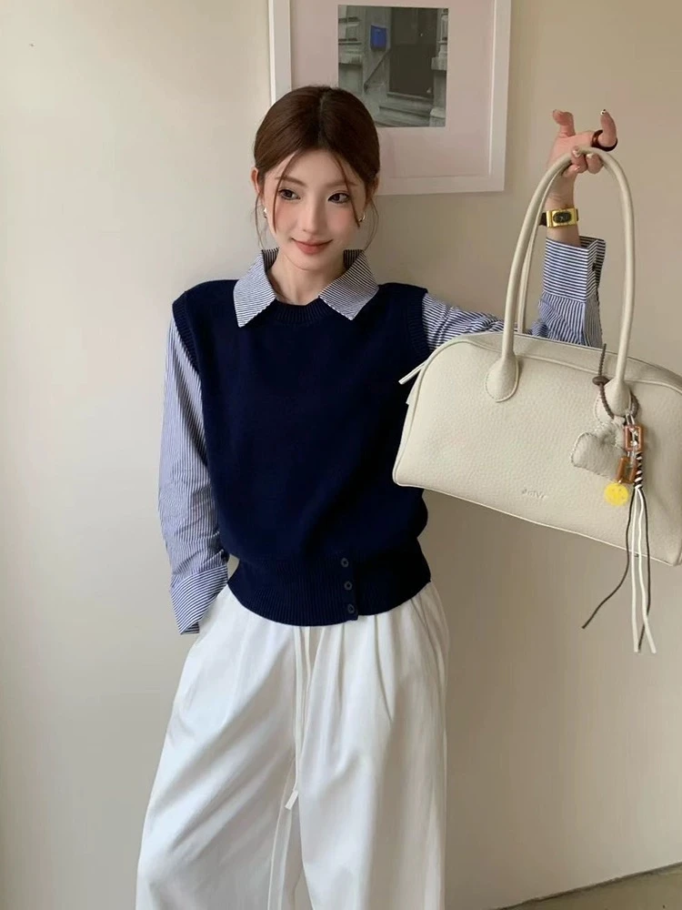 针织常规款拼接女学院风毛针织衫衬衫减龄毛衣秋季