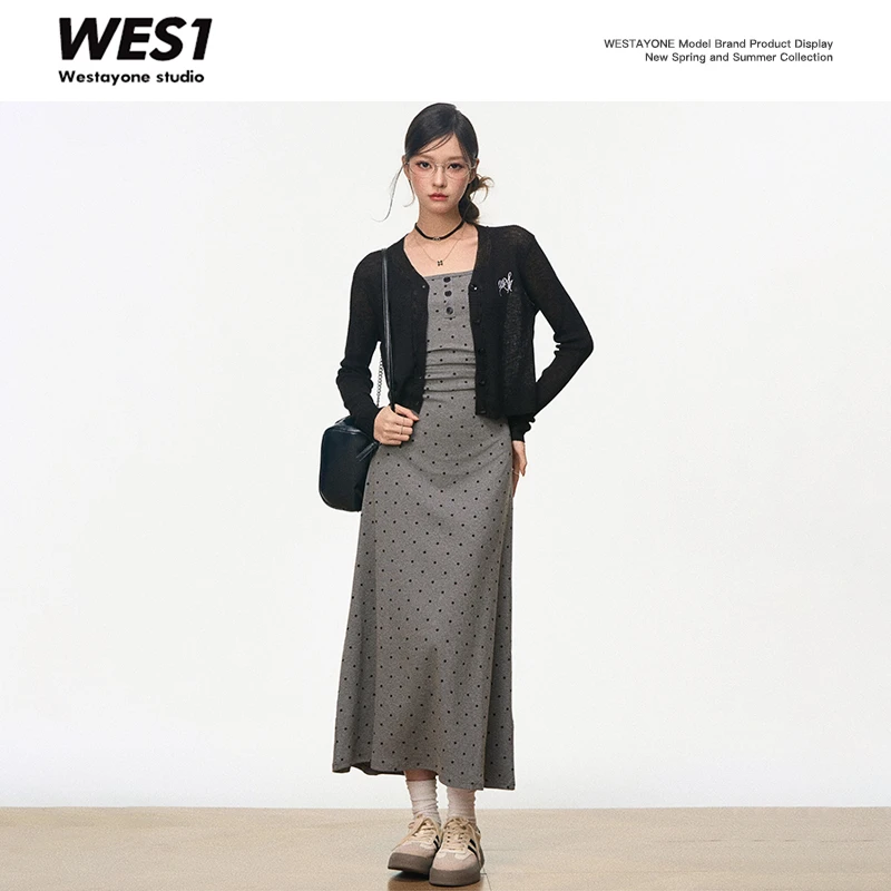 【新品】WESTAYONE 波点针织吊带连衣裙夏气质通勤长裙搭配防晒罩衫