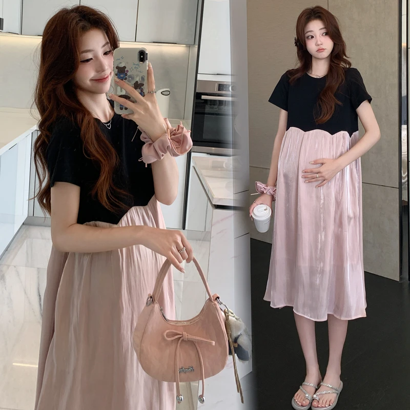 2025孕妇新款时尚洋气法式高腰拼接夏季显瘦宽松假两件中长款