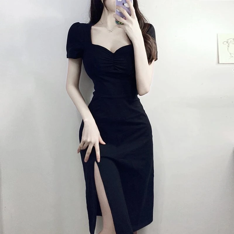 夏季女装黑色气质开叉裙子纯欲御姐性感连衣裙时尚复古泡泡袖长裙