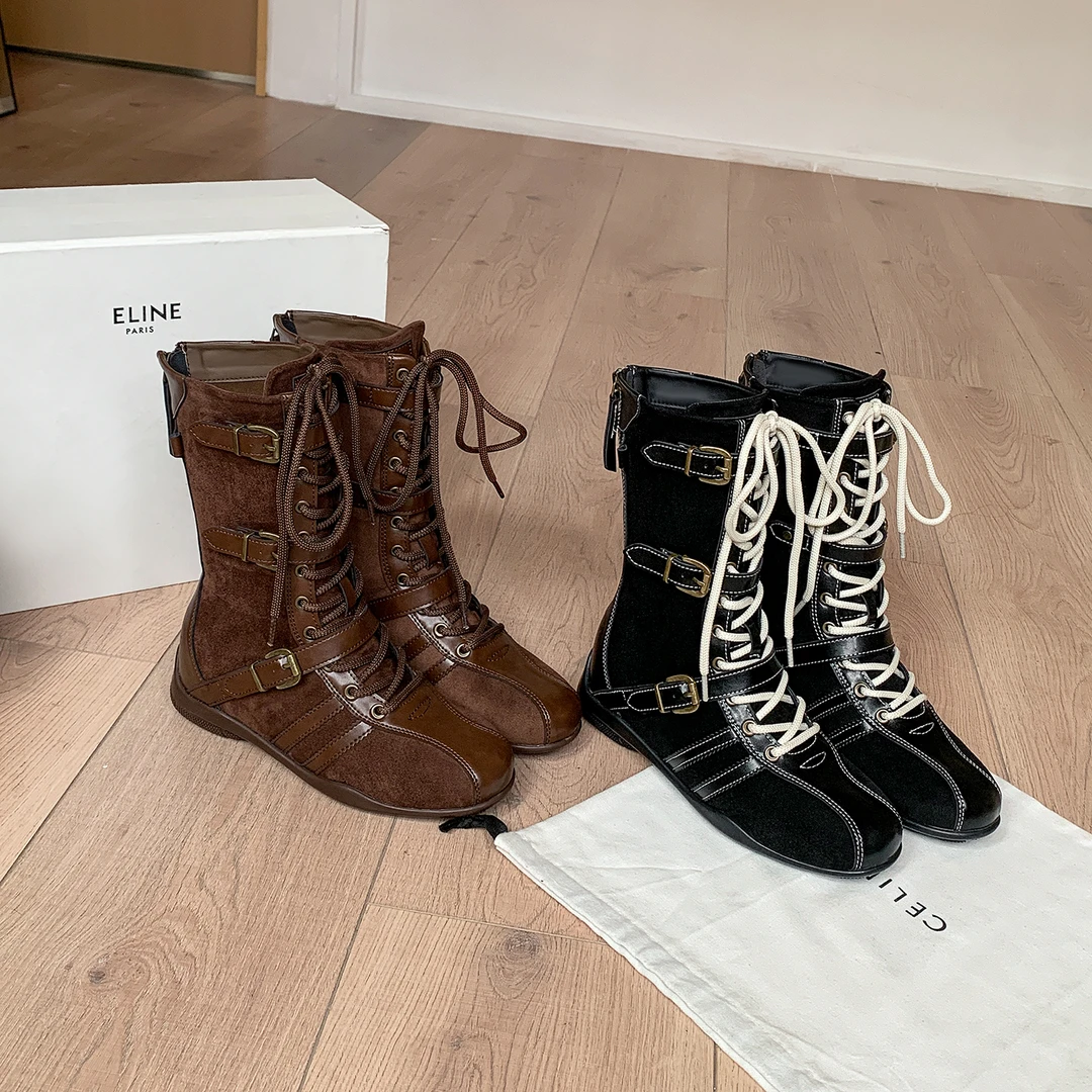 牛皮版内增高6cm拳击靴女系带靴子拼接皮带扣休闲短靴复古马丁靴