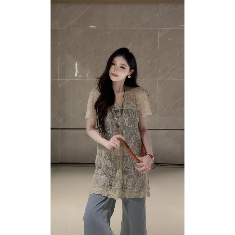 设计感气质蕾丝拼接上衣搭配八分裤女2025夏季新款轻奢名媛两件