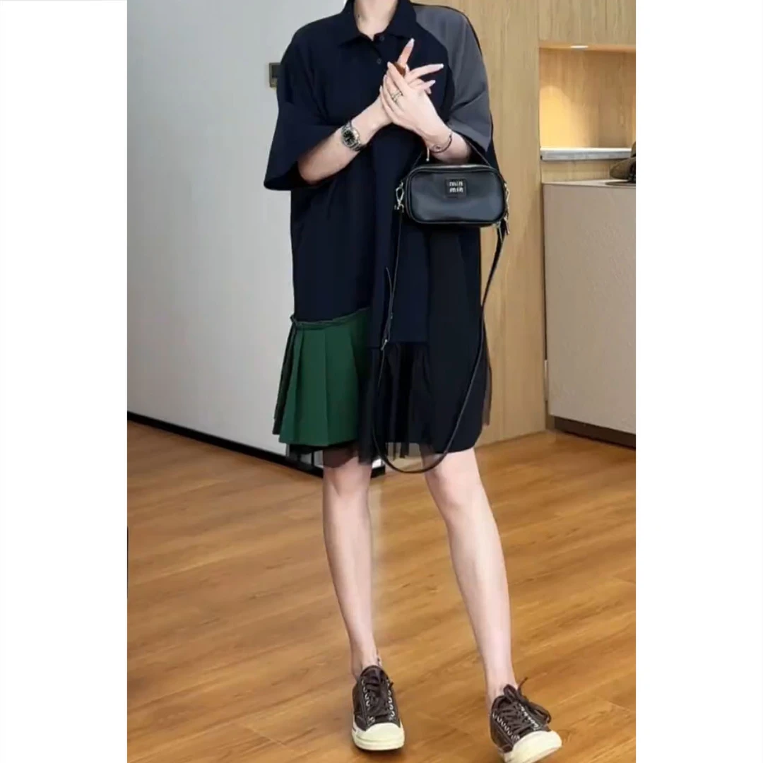 时尚裙子休闲短袖拼接A字裙夏季中裙连衣裙设计感显瘦女梨形身材