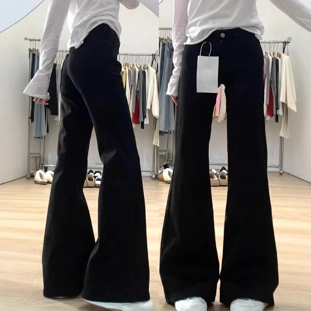 雪千羽黑色不贴腿微喇牛仔裤女夏新款大码高腰显瘦遮胯弹力喇叭裤