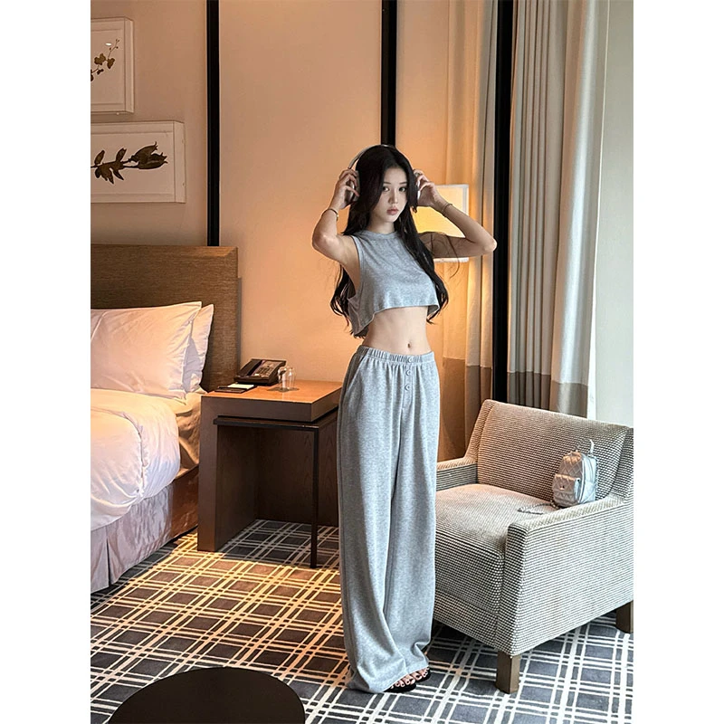 夏季运动风休闲百搭小众灰色短款背心休闲上衣高腰经典卫裤套装女