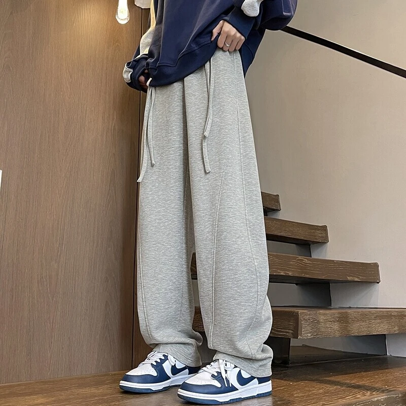 灰色抽绳设计感裤子男春季潮牌垂感大码直筒宽松阔腿运动休闲长裤
