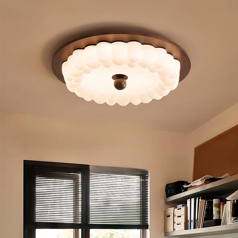 卧室吸顶灯胡桃木色法式复古原木侘寂风圆形奶油风主卧书房间灯具