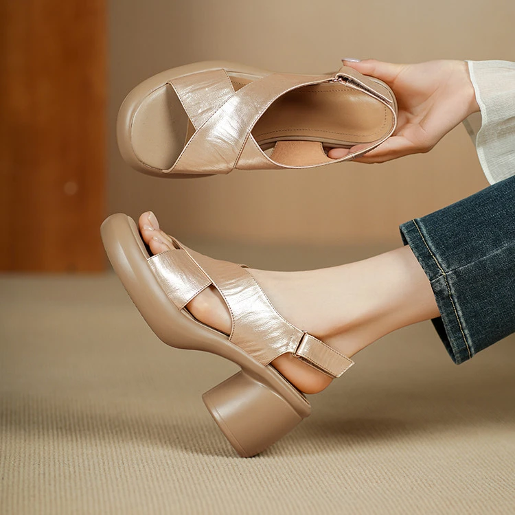 头层牛皮~7cm小个子增高显瘦厚底休闲凉鞋女舒适软底交叉时尚百搭