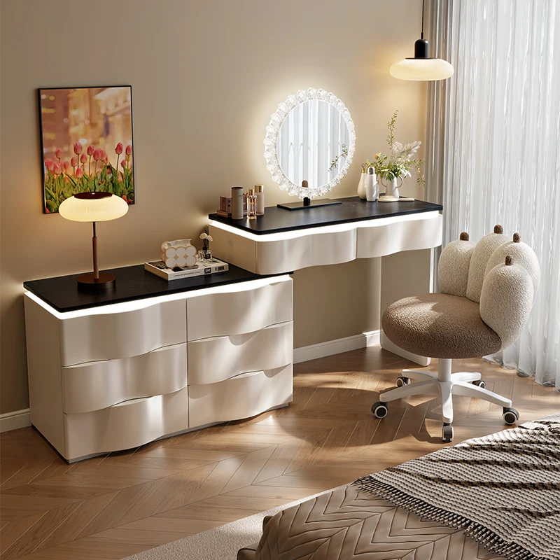 2025新款轻奢奶油风梳妆台卧室简约现代化妆桌实木梳妆台斗柜一体
