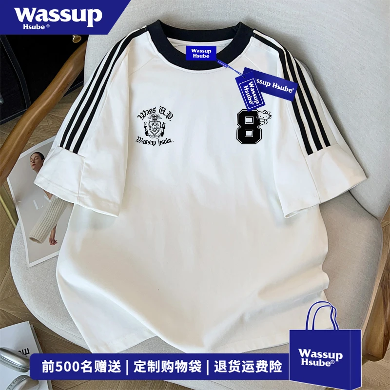 WASSUP HSUBEins卡通凯蒂猫字母短袖T恤男女夏季原宿风三条杠上衣