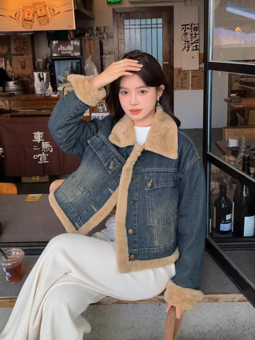 2025新款秋冬爆款宽松复古短款羊羔毛加厚棉服冬装加绒牛仔外套女