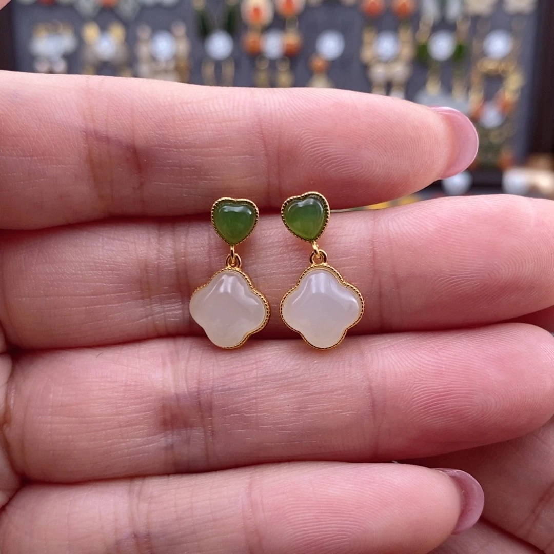 银S925镶嵌和田玉耳饰