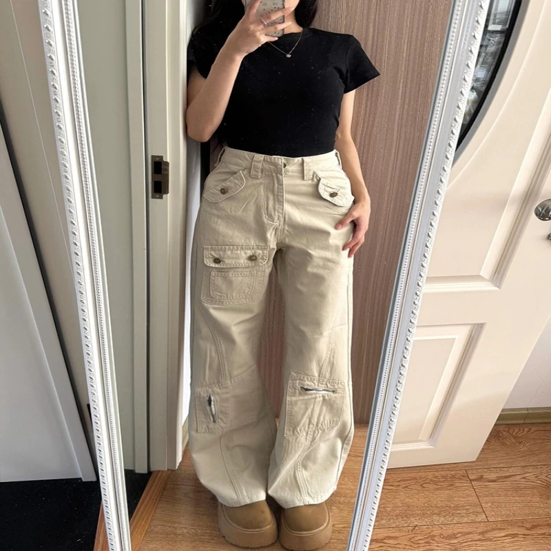 美式高街杏色工装牛仔裤女2025秋季新款高腰显瘦不贴腿咖色微喇裤